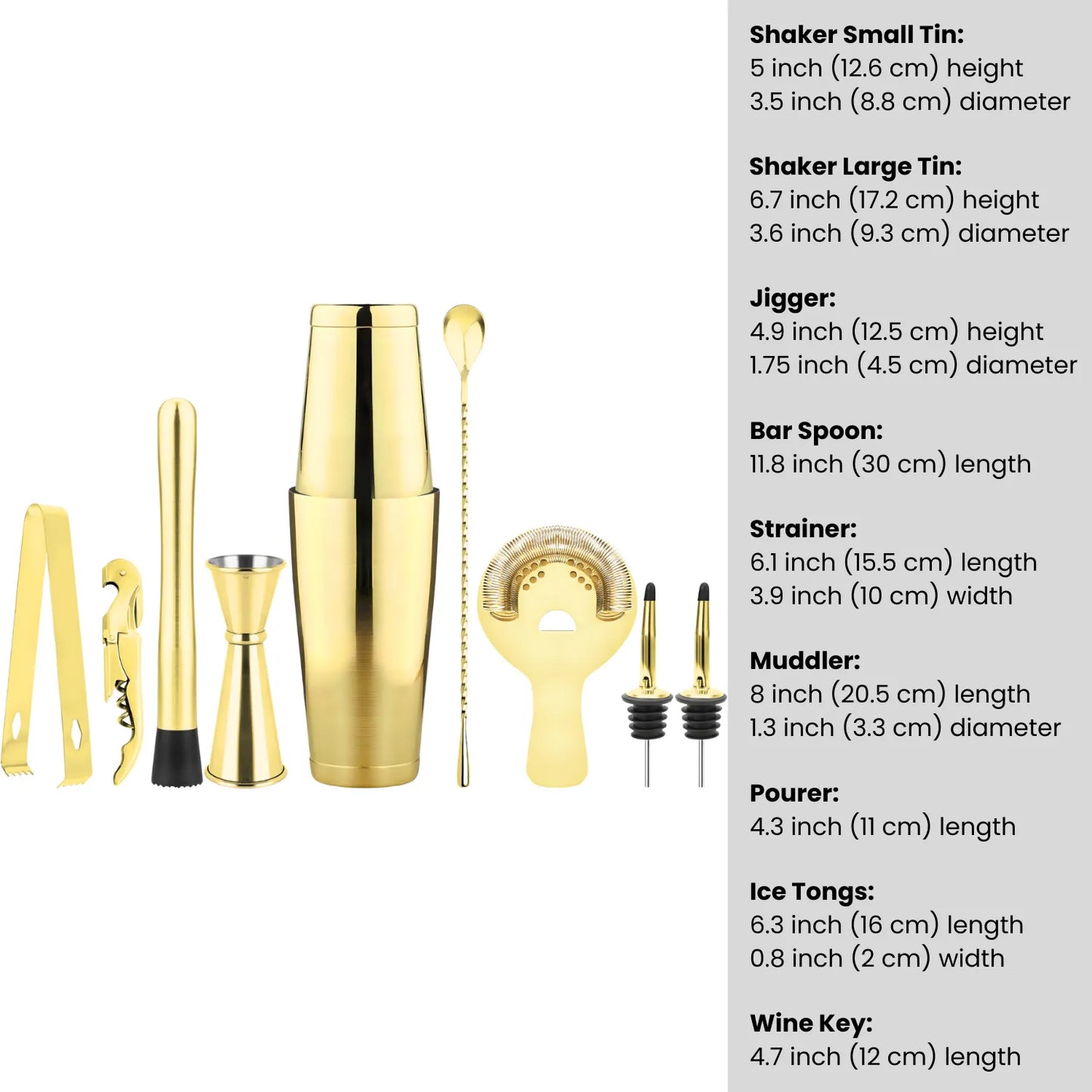 dimensions of gold Boston shaker bartender kit