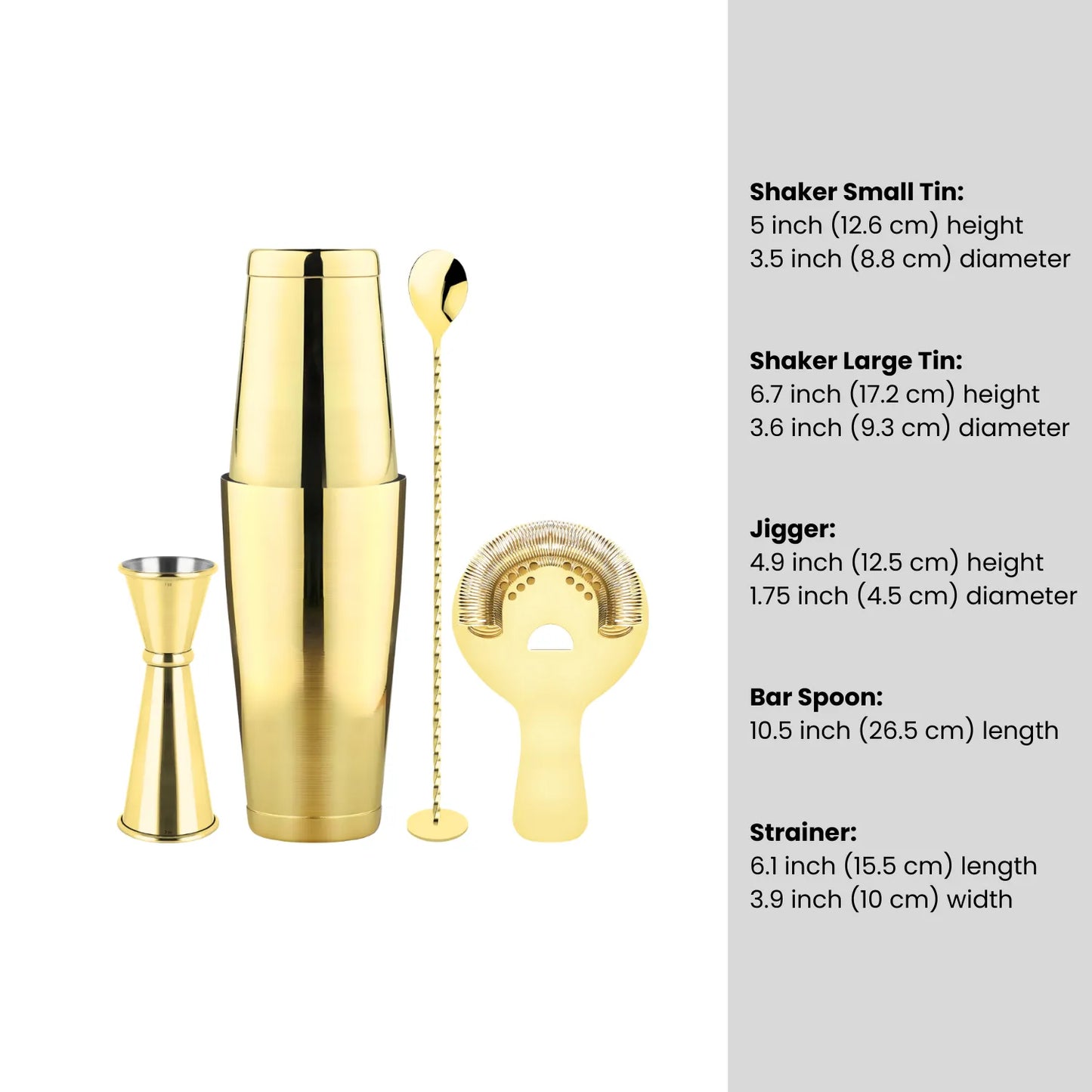 dimensions of gold Boston shaker cocktail set