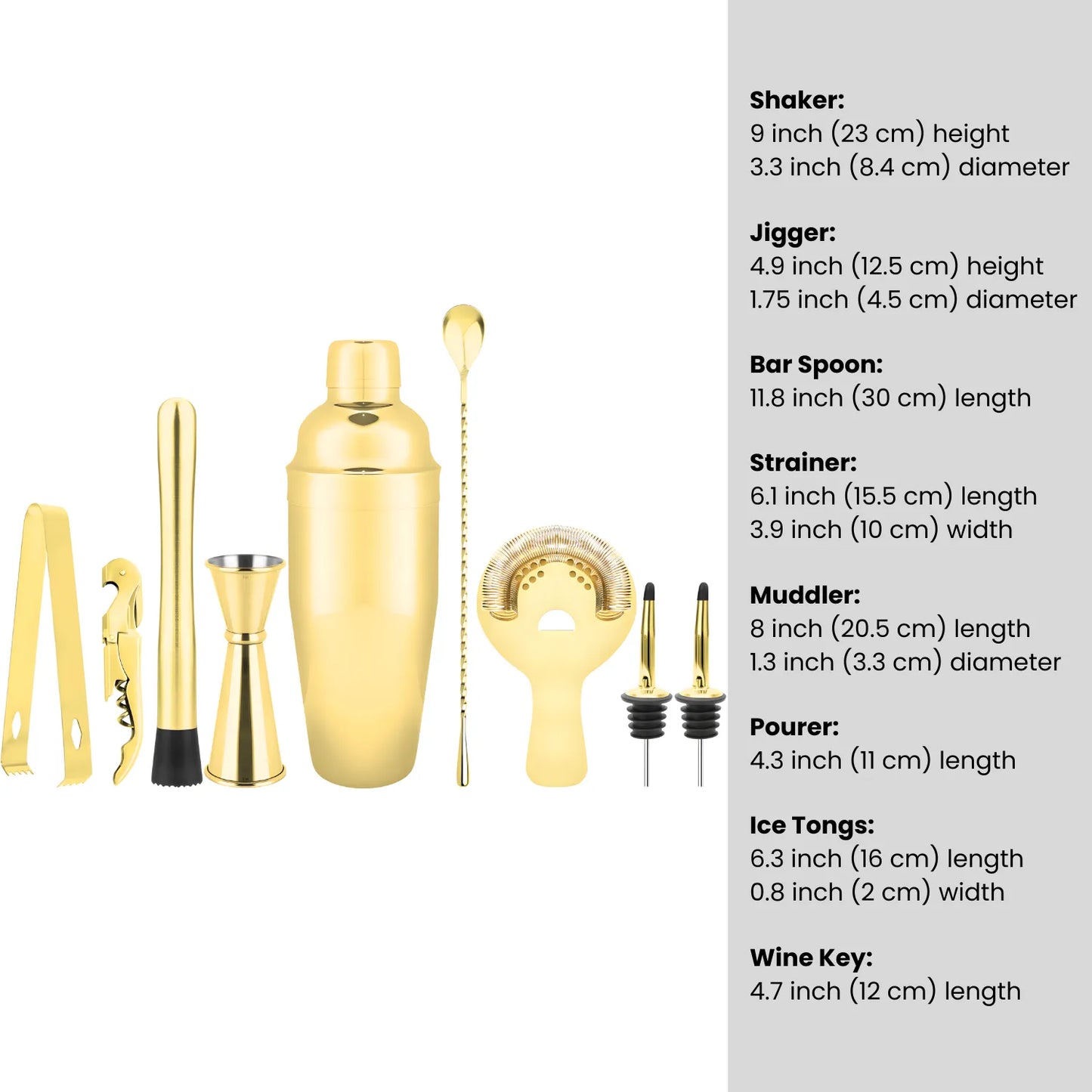 dimensions of gold cobbler shaker bartender kit