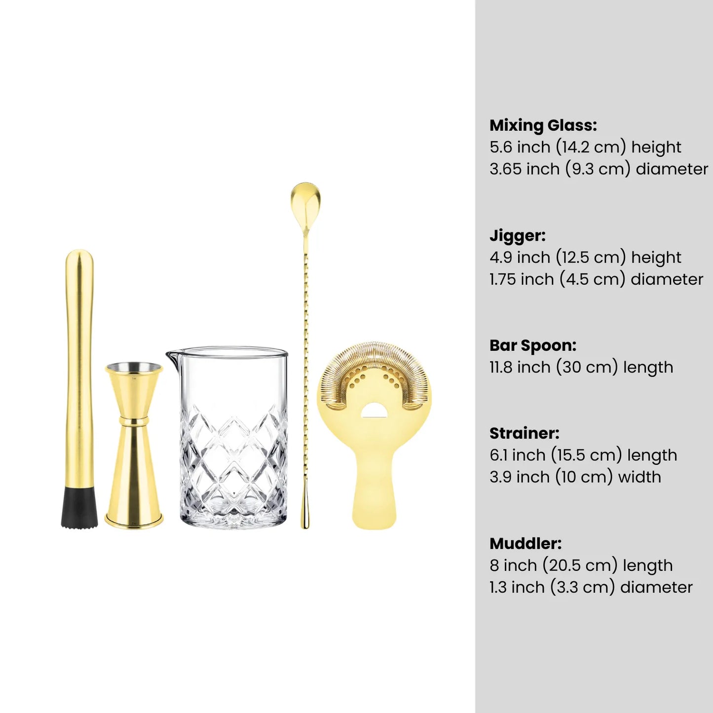 dimensions of gold mixing glass cocktail set