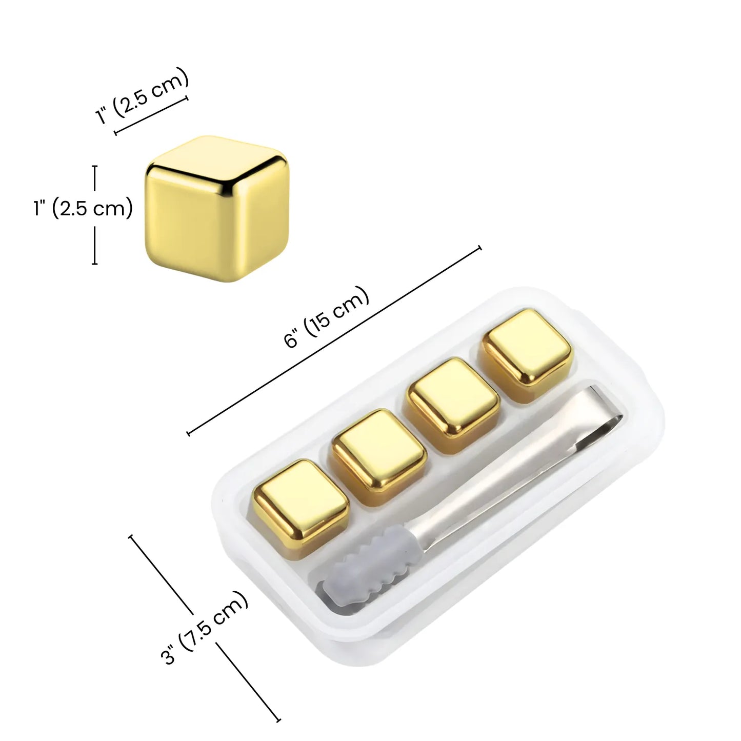 dimensions of gold stainless steel ice cube set of 4