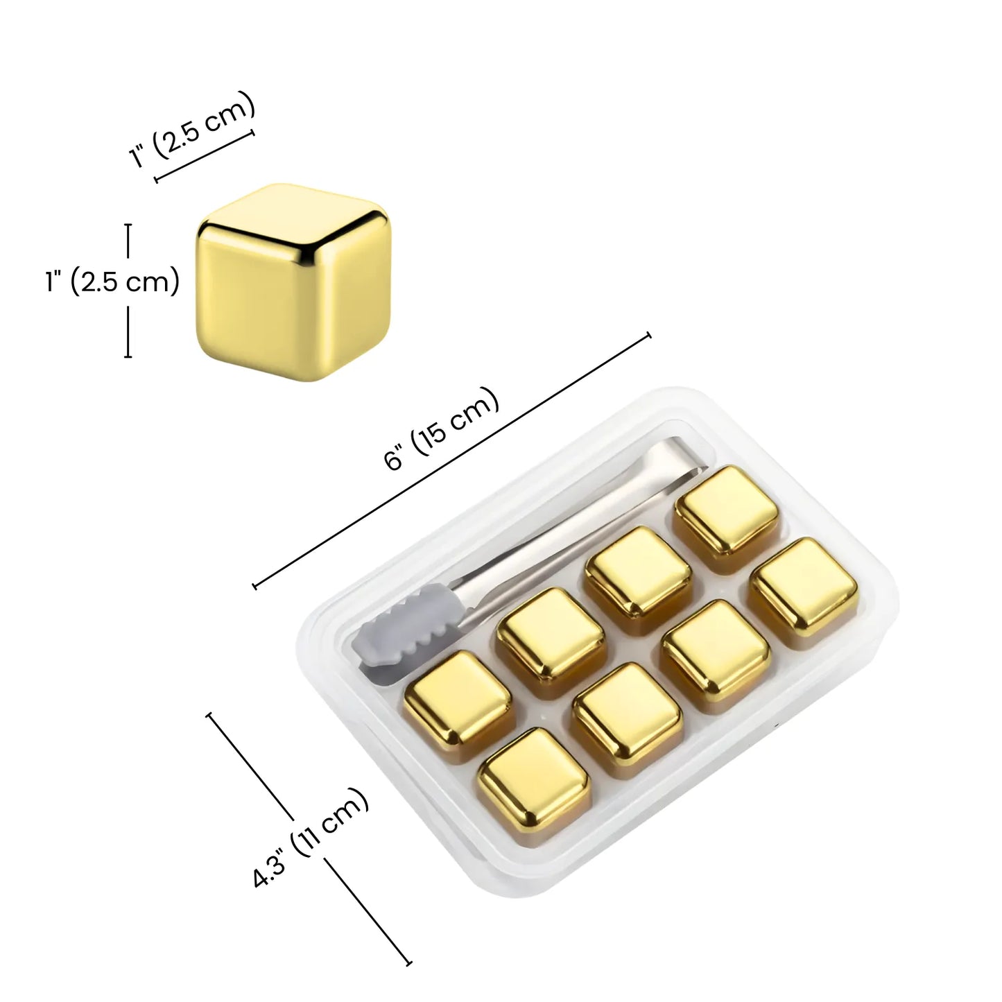 dimensions of gold stainless steel ice cube set of 8