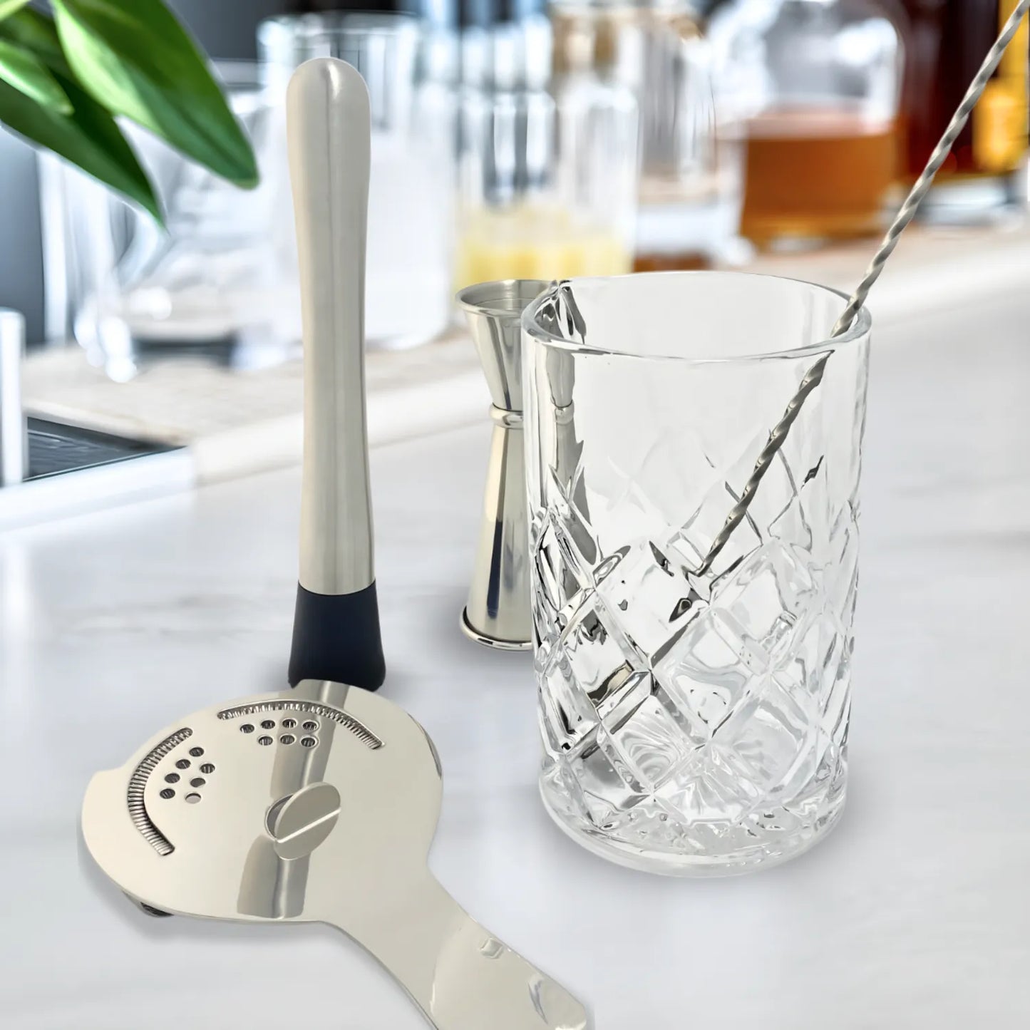 mixing glass cocktail set on table