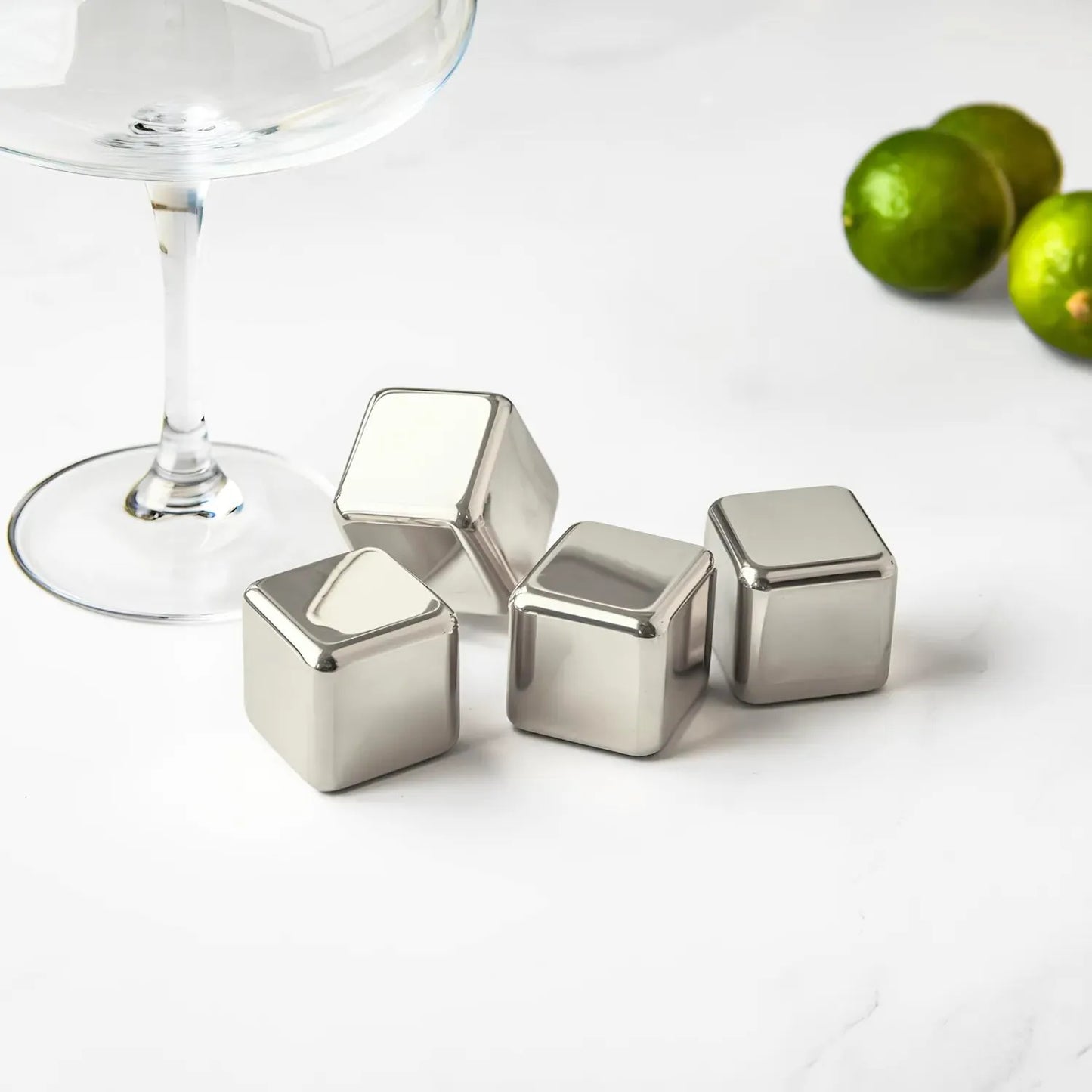stainless steel ice cubes on table